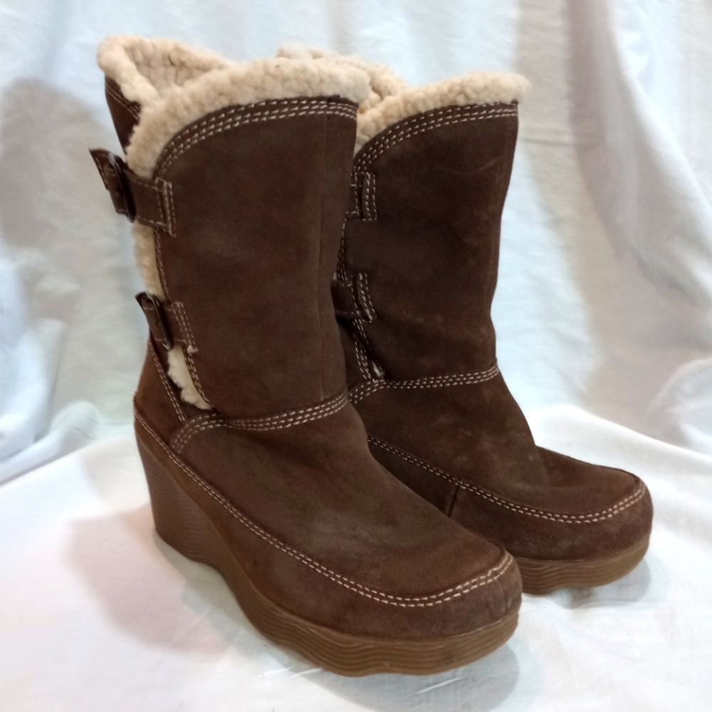 Women’s Brown Suede Wedge Winter Boots with Shearling Lining